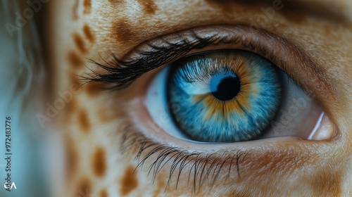 A close-up of a striking blue eye with surrounding leopard spots, capturing intricate details of the iris and creative animal-inspired body art, evoking a sense of wildness and beauty