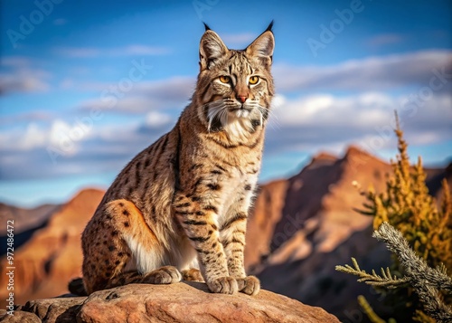 A wild bobcat sits on a rocky outcropping, its tawny fur blending with the desert landscape as it