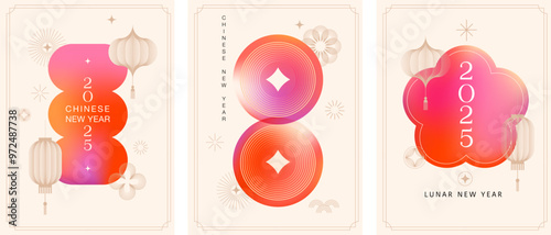 Chinese new year 2025 year of the Snake. Vertical abstract cards, banners. Red traditional Chinese vector designs with lanterns. Lunar new year concept, linear abstract modern design