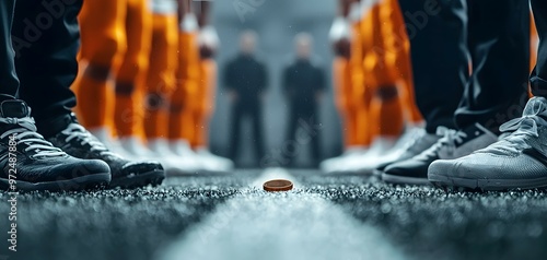 A Tense Moment: Teams Prepare for the Coin Toss Before the Game's Exciting Beginning. Football Concept