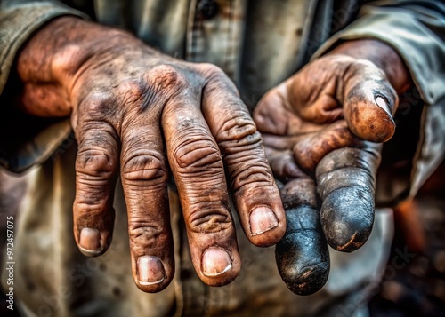 Close-up of a grimy, oil-stained hand with dirt-encrusted fingernails and dry, cracked skin, conveying a sense of hard