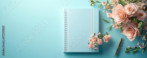 Wedding guest book table, with a floral arrangement and vintage pen, 3D illustration