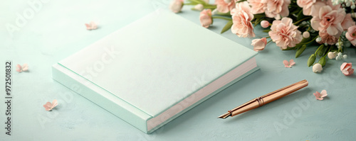 Wedding guest book table, with a floral arrangement and vintage pen, 3D illustration