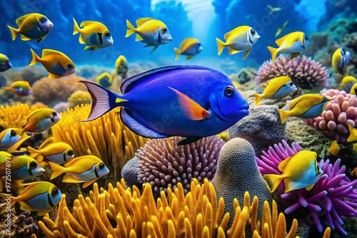 Colorful blue tang fish with bright yellow and black fins swimming in a vibrant coral reef surrounded by