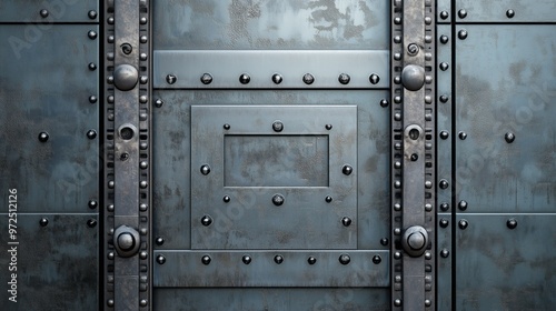 Close-up of a textured metal door featuring rivets and an industrial design, perfect for security or construction themes.