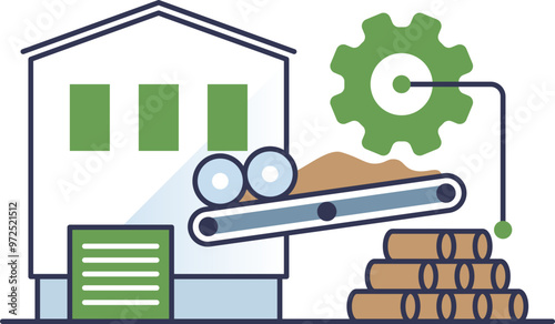 Illustration of a pelletizing plant with conveyor belt, gears, and pellets.