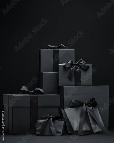 Stacked black gift boxes with ribbons and bows, shadows.