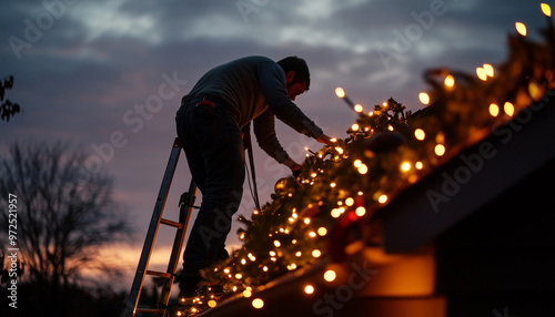 A father setting up Christmas lights on the roof, with a ladder and lights strewn about