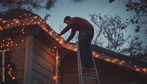 A father setting up Christmas lights on the roof, with a ladder and lights strewn about