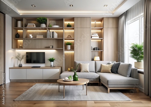 Compact, modern living room with sleek, space-saving furniture featuring built-in storage, perfect for small apartments