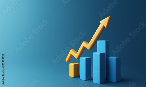 A bold yellow arrow showing profit growth on 3D bar graph with blue bars, set against blue background