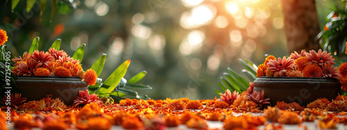 Indian copper bowls filled orange marigolds pink asters on surface strewn flowers, against greenery with warm bokeh from sunlight. Banner with copy space. Concept of indian festival celebration