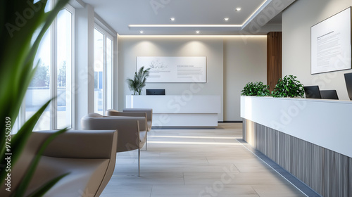 Modern minimalist funeral home reception area with natural light and plants