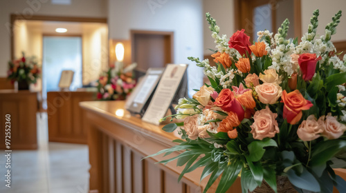 Vibrant floral arrangement in a funeral home reception area with soft lighting