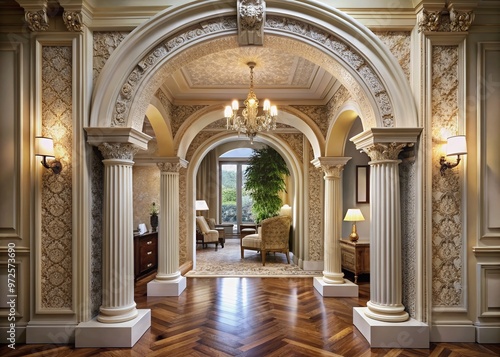 Elegant modern archway designs adorn interior walls, featuring intricate patterns, columns, and ornate details, adding