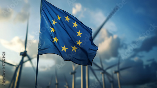 Flag of the european union fluttering in front of a vast wind farm