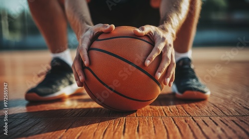 Male athlete with a basketball kneeling on a court, preparing for the game.