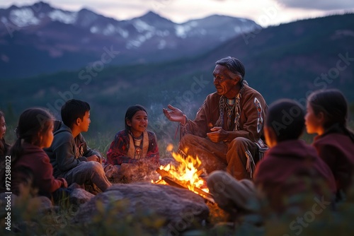 elder Native American man telling story to children around campfire, outdoors at dusk, mountains in background