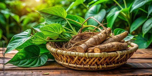 Freshly harvested kava roots lie on a woven basket, surrounded by green leaves, in a rustic tropical setting,