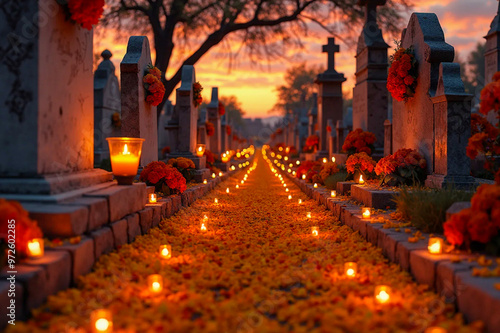 Cemetery - Dia de los muertos - day of the dead - Candles & Marigold - AI generated