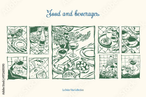 Minimalist hand drawn food and beverages vector illustration collection. Art for greeting cards, wedding invitations, poster design, postcards, branding, logo design, background.