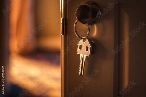 Key in the shape of a house symbol in an open door with warm light in the background