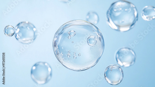 Transparent hyaluronic acid gel texture with visible air bubbles, set against a light blue background. The image emphasizes hydration and skincare