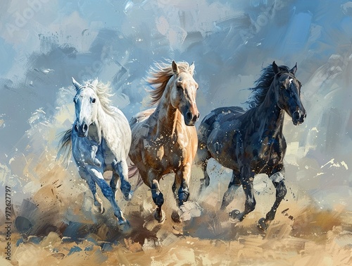 Three Horses Galloping Through Dust - A Powerful Painting