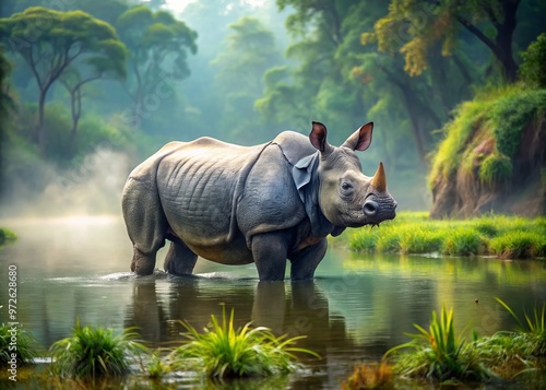 Majestic Indian rhinoceros, with distinctive armor-plated gray skin and single horn, wades peacefully in a misty forest