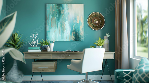 Teal Tranquil Oasis: A Zen-inspired desk with a floating desktop and an under-desk drawer, adorned with calming teal accents and peaceful artwork.