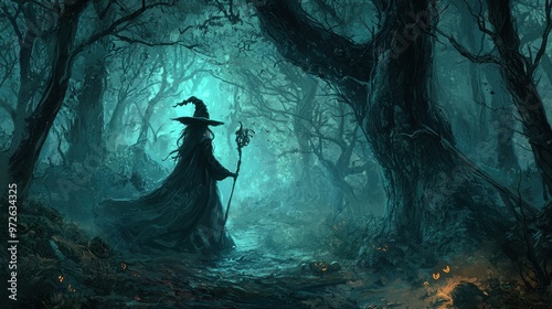 Create a dark fantasy illustration featuring a witch in a haunted forest with 50 keywords.