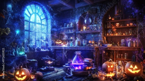 Create a Halloween witch's potion room filled with eerie decor items and glowing ingredients 50 keywords