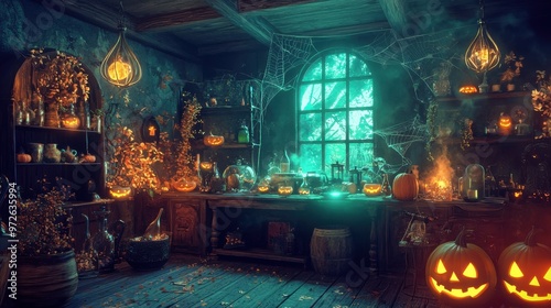 Create a Halloween witch's potion room filled with eerie decor items and glowing ingredients 50 keywords