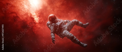 Astronaut floating in deep space with nebula background, bathed in red light, representing the mystery and expansiveness of the universe.