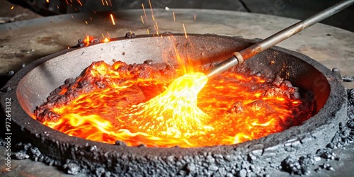 Crafting Tradition: Molten Metal in a Crucible. A close-up shot of a crucible filled with molten metal, being stirred with a long-handled tool. 