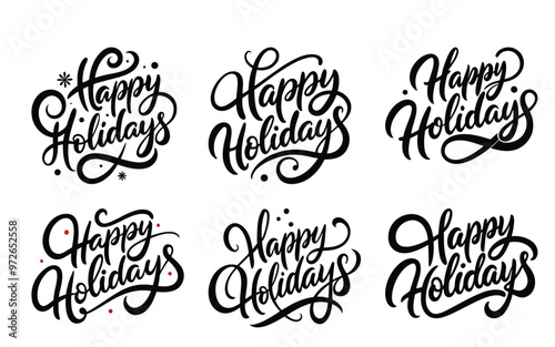 Happy Holidays calligraphy set, black and white, vector illustration, festive greeting cards