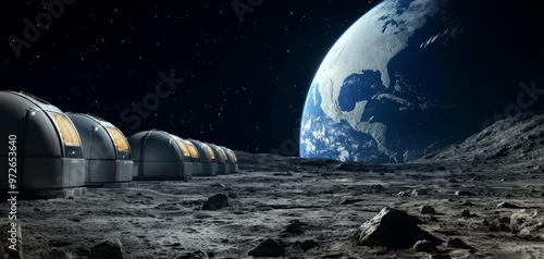 Sci-fi moon base with interconnected buildings, Earth looming large in the distance, lunar surface filled with rocks and craters, moon colonization, futuristic space living