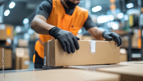 Dedicated employee working diligently in a busy warehouse during peak hours, focused on handling packages while surrounded by stacks of cardboard boxes filled with goods.