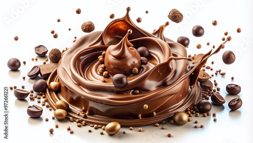 Rich, velvety brown chocolate splashes against a crisp white background, creating a mouthwatering, decadent mess with