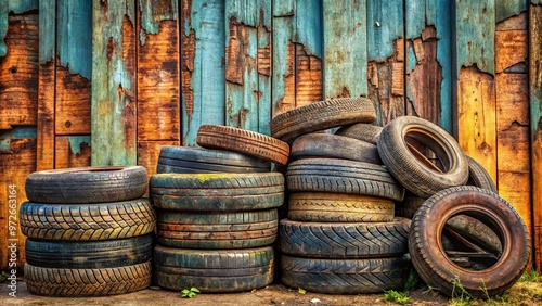 Rusted, worn, and abandoned tires stacked haphazardly against a weathered wooden fence, creating a distressed and