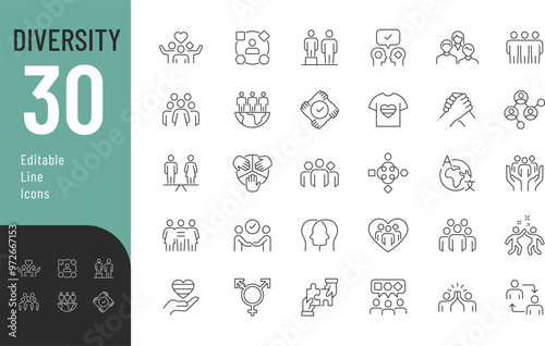 Diversity Line Editable Icons set. Vector illustration in thin line modern style of society related icons: oneness, people, equality, and more. Isolated on white