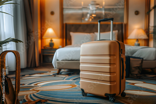 A traveler arrives at a hotel with a suitcase in a beautifully designed room during the day