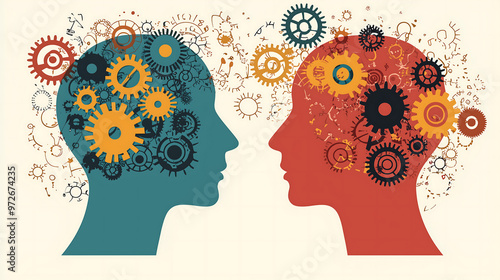 Two heads with gears inside showing the concept of thinking and communication between two people in a vector style illustration