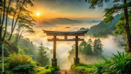 Serene torii gate at sunrise, surrounded by lush greenery and mist, symbolizing spiritual harmony and connection to