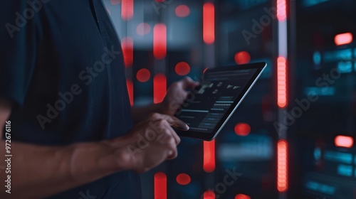 Close-up of a businessman using a tablet in a modern office setting.