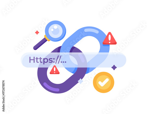 malicious links concept. dangerous and suspicious url address. unsafe website address. illustration of chain with check symbol, magnifying glass and warning sign. flat style design. elements