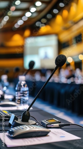 Macro view of a conference on technology ethics, showcasing global discussions on IT morality, great for international collaboration