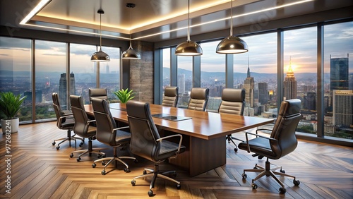 Sleek, high-tech boardroom with black leather chairs surrounding a polished wooden table, illuminated by stylish floor