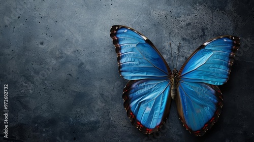 Close-up of a blue morpho butterfly on a dark background.