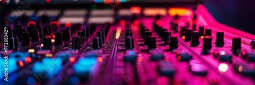 Close-up of a sound mixer with glowing buttons and faders.